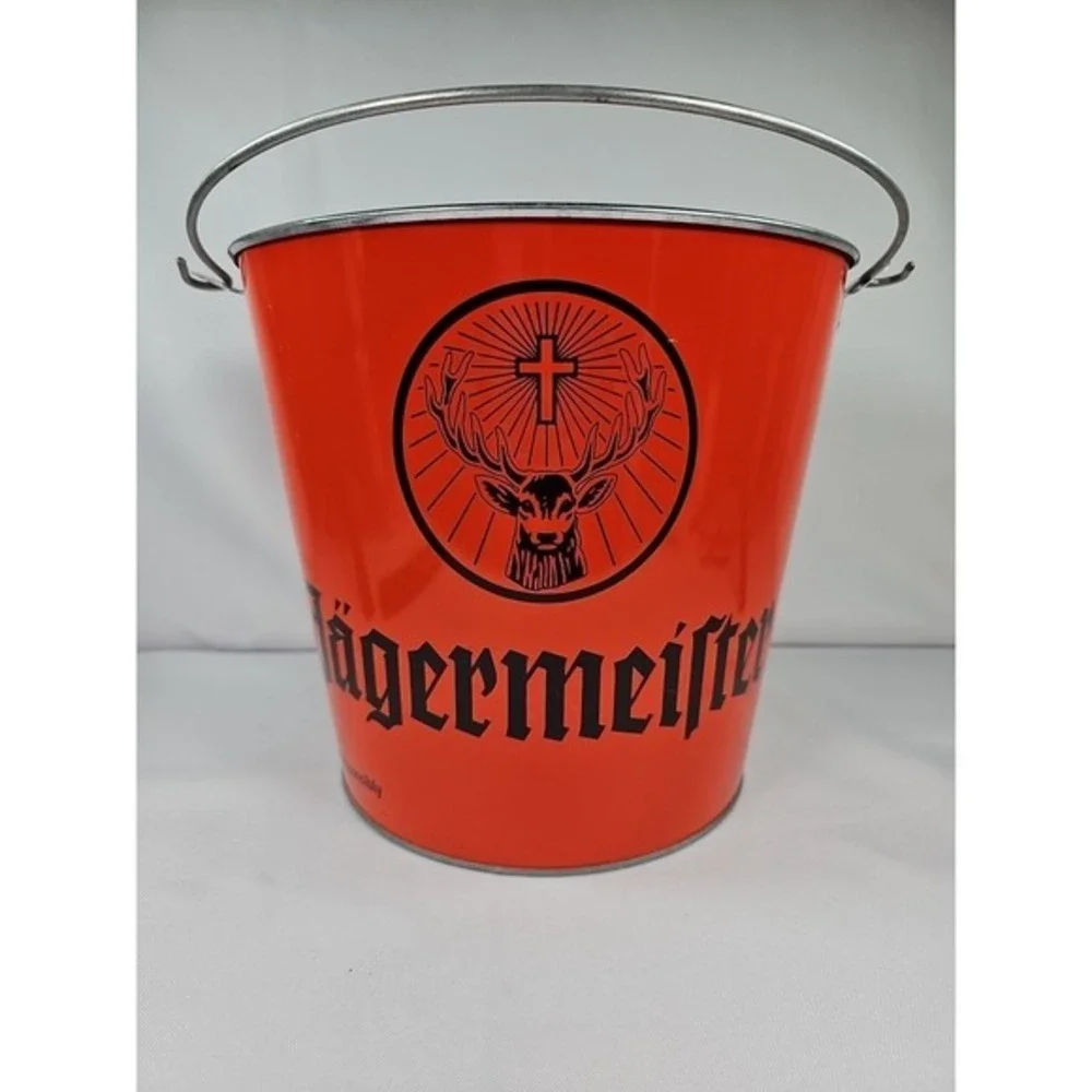 Vintage Collectible Jagermeister Ice Bucket Orange Metal Handle Barware Man Cave